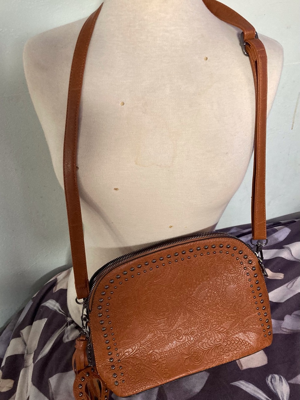 Brown Embossed Crossbody Bag with Stud Detail